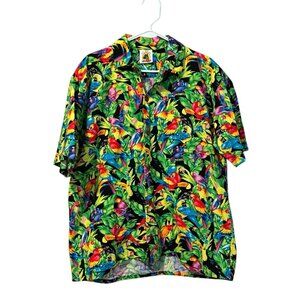 Yo Wear Hawaiian Camp Shirt Large Tropical Birds Parrots Toucans Bright Golf VTG
